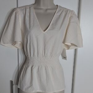 Bar III Cream Flutter Sleeve Smocked Blouse